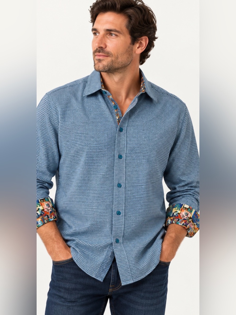 Robert Graham Men’s 3XL Blue Textured Cotton Flip Cuff Button Down Shirt